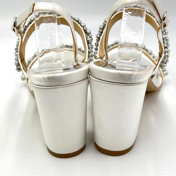 Badgley‎ Mischka Size 6 Natasha White Jeweled Pearl Block Heels Sandals Shoes - Picture 7 of 14